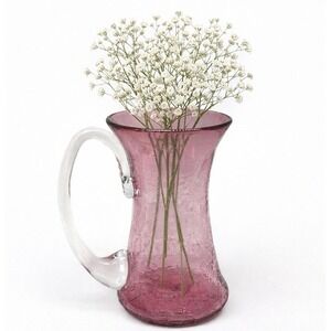 Vintage Pink Crackle Glass Pitcher Vase 5.5" Signed R. FOSTER  '97 Handblown